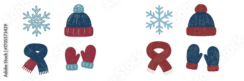 Warm winter apparel collection featuring knitted hats scarves mittens and delicate snowflakes in a festive seasonal theme