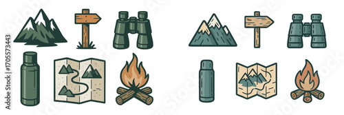 Outdoor adventure and camping essentials icon set with mountains, map, binoculars, campfire, and signpost