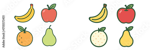 Fresh and healthy fruit collection with bananas, red apples, green pears, and oranges in vibrant flat style