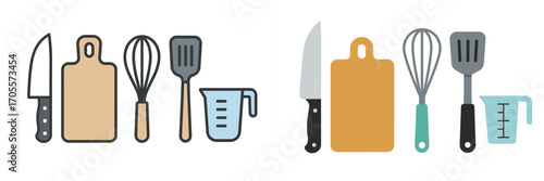 Essential kitchen utensils collection featuring a sharp knife, sturdy cutting board, whisk, spatula, and measuring cup for cooking and baking