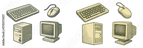 Collection of vintage computer hardware including retro desktop towers, CRT monitors, classic keyboards, and wired mice