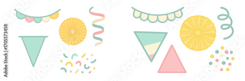 Festive pastel party celebration elements with decorative bunting, paper fans, confetti, and streamers