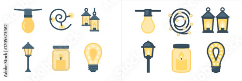 Collection of decorative light sources including string lights, lanterns, street lamp, candle, and various light bulbs