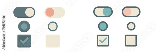 Modern user interface elements set with toggle switches, radio buttons, and checkboxes in various active and inactive states for web and mobile applications