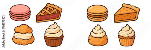 Collection of various sweet baked goods and delicious desserts including colorful macarons, fruit pie slices, cream puffs, and frosted cupcakes