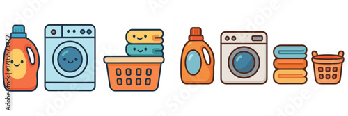 Adorable collection of laundry day essentials including washing machines, detergent, baskets, and neatly folded towels
