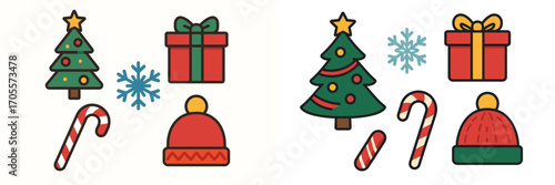 Festive Christmas and winter holiday elements with decorated trees, gift boxes, snowflakes, candy canes, and warm hats