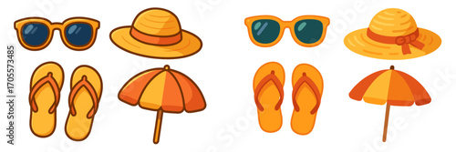 Collection of summer beach vacation accessories including sunglasses, straw hats, flip-flops, and beach umbrellas