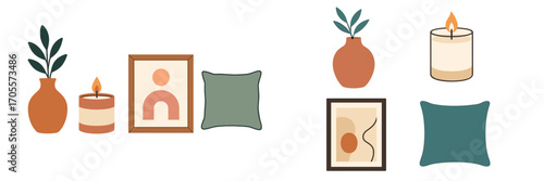 Stylish minimalist bohemian home decor elements featuring vases, candles, abstract art, and soft cushions