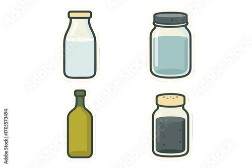 Everyday kitchen and pantry essentials with milk bottle, water jar, wine bottle, and spice shaker, showing various liquids and granular contents in a simple, modern style