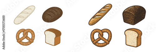 Diverse selection of freshly baked bread, including whole loaves, sliced bread, baguettes, and classic pretzels