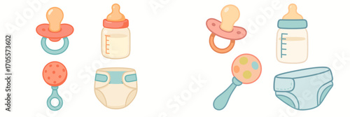 Essential baby care items collection featuring pacifiers, feeding bottles, rattles, and disposable diapers for infants