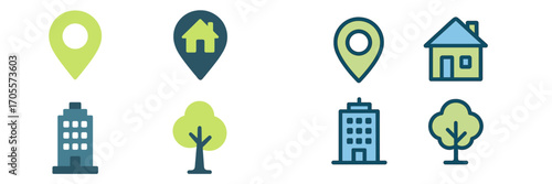 Colorful map pin, house, office building, and tree icons for location and urban design projects