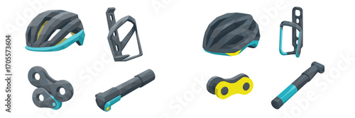 Essential cycling accessories collection featuring helmets, bottle cages, chain links, and pumps for bicycle maintenance and safety