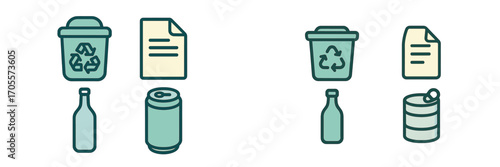 Recycling and waste management symbols for environmental sustainability with bin, paper, bottle, cans