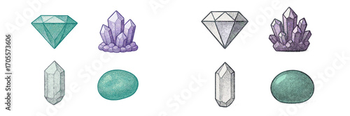 A beautiful assortment of precious gemstones and natural mineral crystals, showcasing vibrant colors and diverse shapes, perfect for jewelry or mystical themes