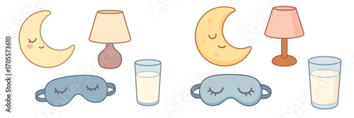 Cute bedtime elements set with sleeping moons, lamps, eye masks, and milk glasses