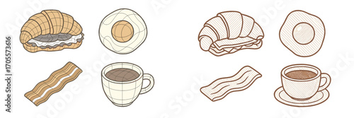 Classic breakfast foods featuring a savory croissant sandwich, perfectly cooked fried egg, crispy bacon, and a warm cup of coffee
