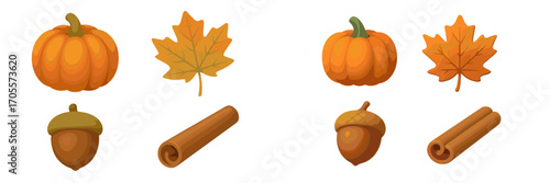 Vibrant autumn harvest display with pumpkins, colorful maple leaves, acorns, and aromatic cinnamon sticks