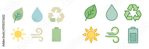 Eco friendly environmental sustainability and renewable energy resource with textured paper effect featuring leaf water drop recycle sun wind and battery
