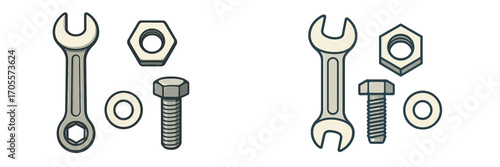 Essential mechanical tools and fasteners collection featuring a wrench, nut, bolt, and washer for various industrial and DIY projects