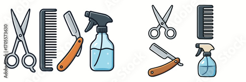 Professional barber shop tools and hairdressing equipment set including scissors, combs, straight razors, and spray bottles