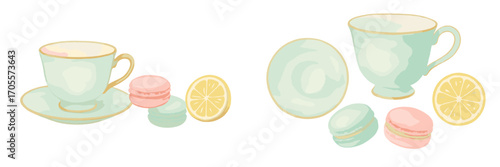 Watercolor style teacups, saucers, macarons, and lemon slices arranged for a charming tea time setting