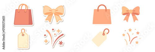 Collection of shopping bags, elegant gift bows, blank price tags, and festive celebration elements for retail and events