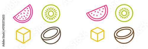 Minimalist outline icons of fresh watermelon, kiwi, coconut, and a sugar cube, ideal for healthy food and sweet ingredient concepts