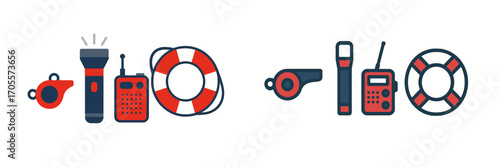 Essential safety and rescue equipment collection including whistle, flashlight, walkie-talkie, and lifebuoy for emergency preparedness