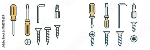 Collection of essential hand tools and hardware fasteners including screwdrivers, hex keys, and various screws