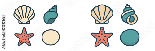 Set of colorful marine life icons including scallop shells, spiral conch shells, and red starfish with a simple flat design