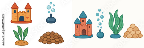 Collection of colorful aquarium decoration elements featuring underwater castles, vibrant green plants, air pump bubbles, and natural gravel