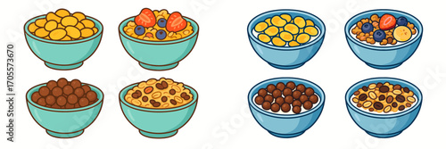 Variety of breakfast cereals in colorful bowls, some with milk, fresh strawberries, blueberries, and banana slices