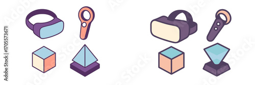 Isometric virtual reality and augmented reality devices with abstract geometric shapes for digital experiences