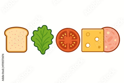 Fresh sandwich ingredients arranged horizontally with bread, lettuce, tomato, cheese, and deli meat slices