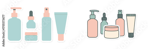 Collection of cosmetic and skincare product containers with pump bottles, dropper bottles, spray bottles, and cream jars