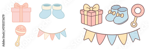 Pastel colored baby shower elements set with gift boxes, baby booties, rattles, and decorative bunting flags for a new arrival celebration