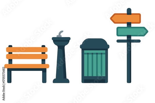 Essential public park amenities set: bench, water fountain, trash can, and directional signpost