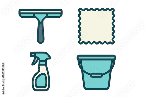 Essential household cleaning tools set including a squeegee, spray bottle, bucket, and microfiber cloth for domestic chores