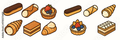 Assortment of delicious French and Italian pastries including eclairs, cannolis, cream horns, fruit tarts, and mille-feuille