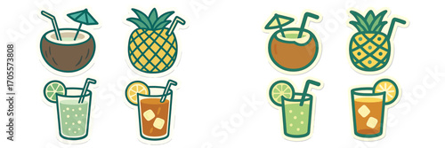 Assortment of refreshing tropical summer drinks including coconut, pineapple, and juice beverages with straws and fruit garnishes