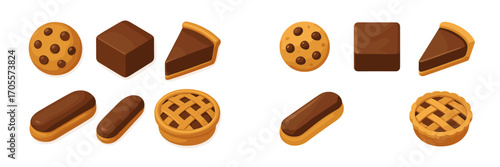 Delicious assortment of sweet chocolate baked goods and pastries including cookies, brownies, eclairs, and pies