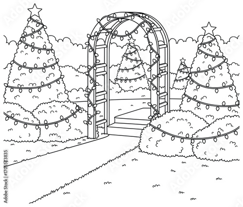 Christmas trees illustration of a festive garden with decorated evergreens and an archway wrapped in glowing string lights creating a cheerful seasonal holiday scene