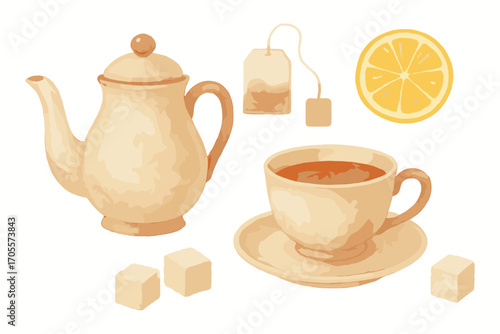 Elegant tea set collection featuring a teapot, teacup, tea bag, fresh lemon slice, and sugar cubes for a cozy warm beverage