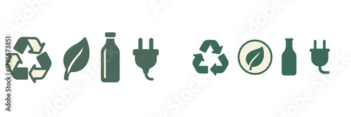 Collection of eco-friendly symbols representing environmental protection, recycling, green energy, and sustainable living concepts