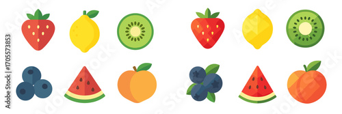 Fresh healthy fruits and berries including strawberries, lemons, kiwis, blueberries, watermelons, and peaches
