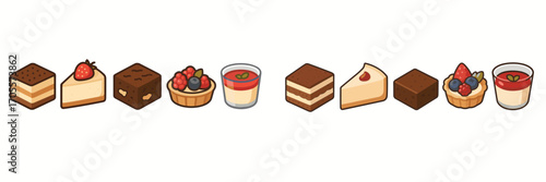 Collection of various sweet desserts and pastries, featuring layered cakes, fruit tarts, rich brownies, and creamy puddings