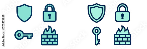 Digital security and data protection icons set with shield, padlock, key, and firewall symbols representing online safety and privacy