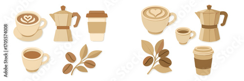 Assortment of coffee cups, moka pot, and coffee beans with leaves in a modern layered paper cut style